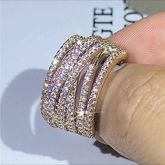 💛18k Gold Wide Band Micro Pave Cz Diamond Crisscross stacked Diamond Ring - Picture 9 of 16